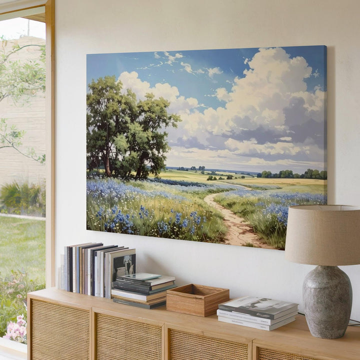 Blue Wildflower Path Canvas – Serene Summer Meadow Landscape Art - Gifitto
