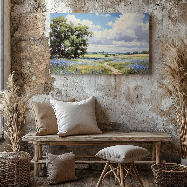 Blue Wildflower Path Canvas – Serene Summer Meadow Landscape Art - Gifitto