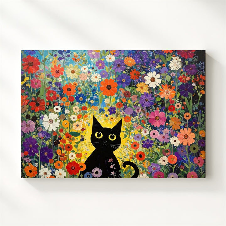 Klimt-Inspired Black Cat Canvas – Whimsical Floral Art Nouveau Print - Gifitto