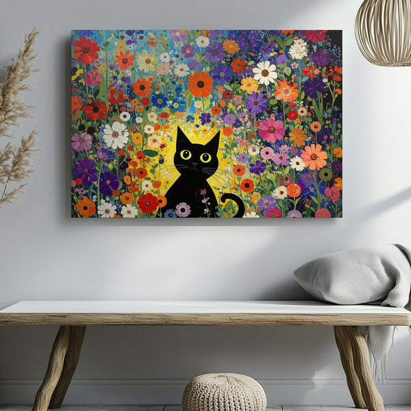 Klimt-Inspired Black Cat Canvas – Whimsical Floral Art Nouveau Print - Gifitto