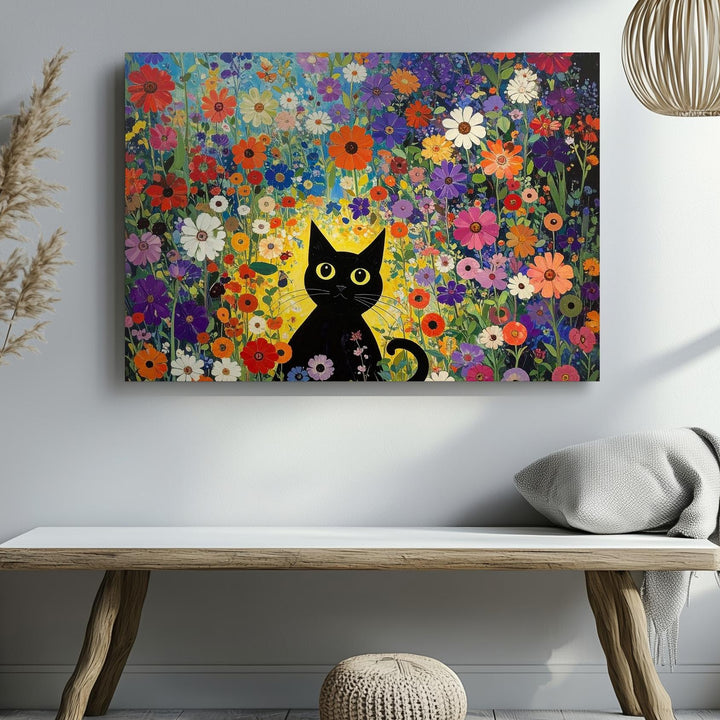 Klimt-Inspired Black Cat Canvas – Whimsical Floral Art Nouveau Print - Gifitto