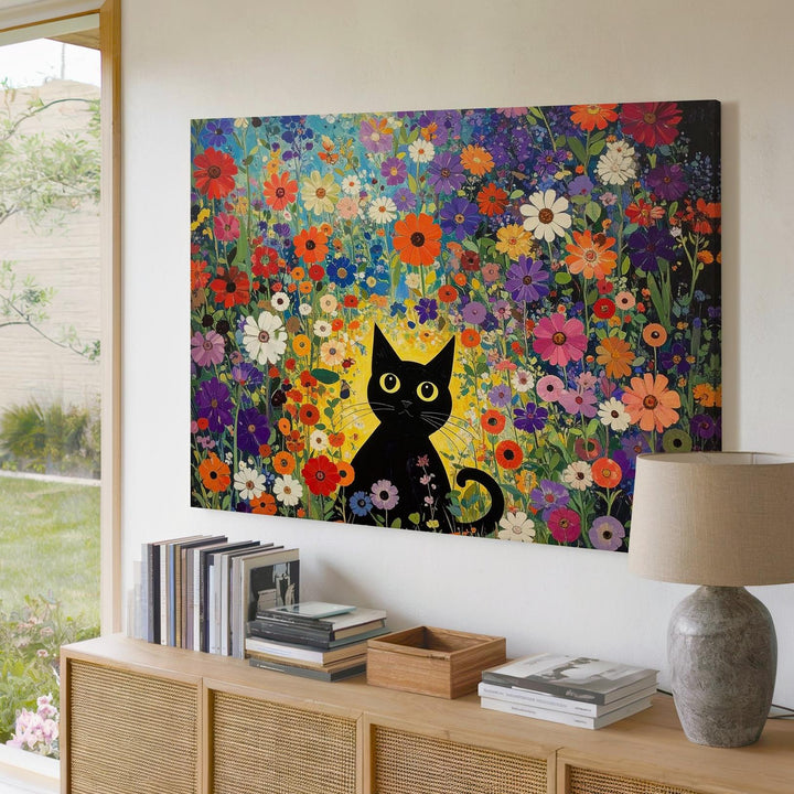 Klimt-Inspired Black Cat Canvas – Whimsical Floral Art Nouveau Print - Gifitto