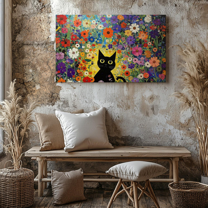 Klimt-Inspired Black Cat Canvas – Whimsical Floral Art Nouveau Print - Gifitto