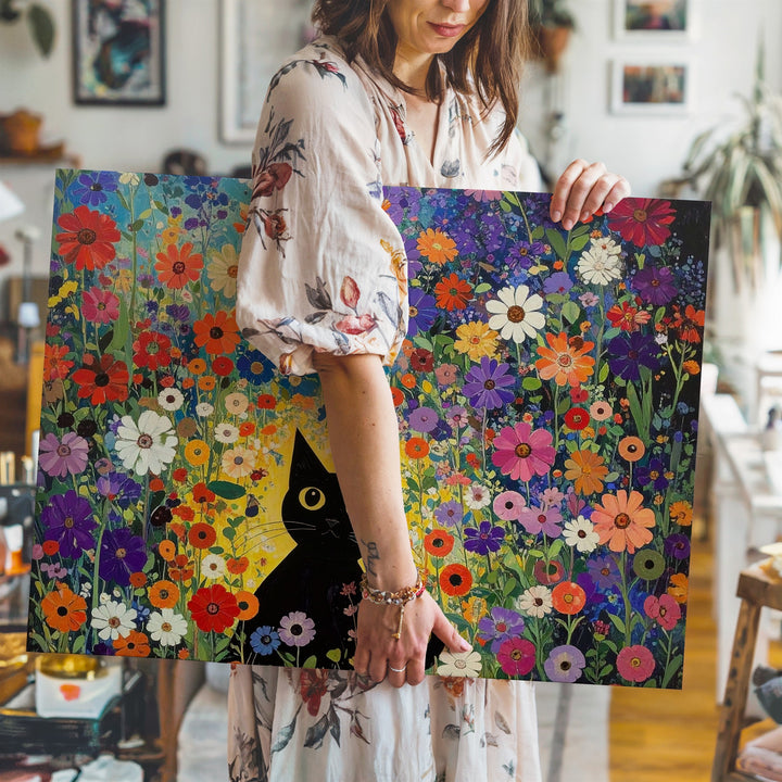 Klimt-Inspired Black Cat Canvas – Whimsical Floral Art Nouveau Print - Gifitto