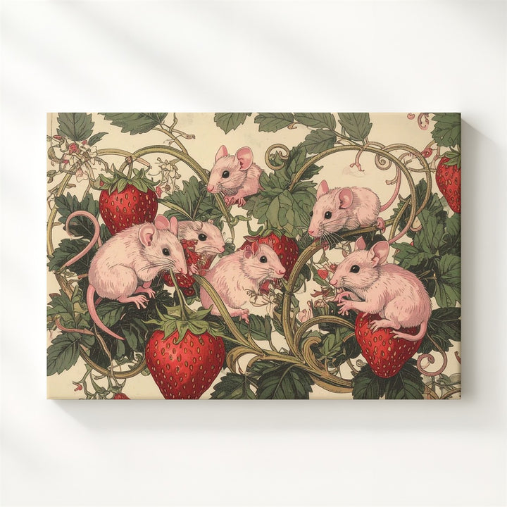 Vintage Strawberry Mice Canvas – Whimsical Botanical Folklore Print - Gifitto