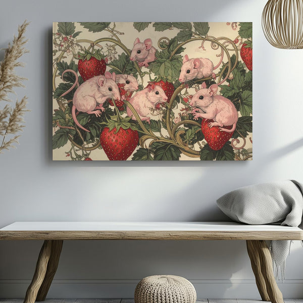 Vintage Strawberry Mice Canvas – Whimsical Botanical Folklore Print - Gifitto