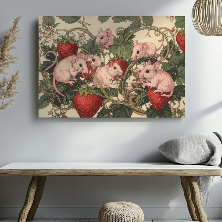 Vintage Strawberry Mice Canvas – Whimsical Botanical Folklore Print - Gifitto