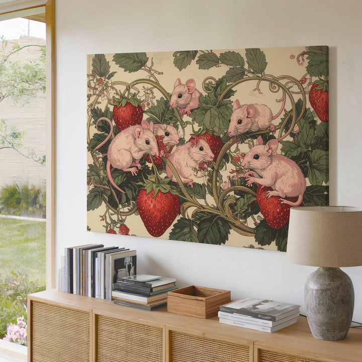 Vintage Strawberry Mice Canvas – Whimsical Botanical Folklore Print - Gifitto