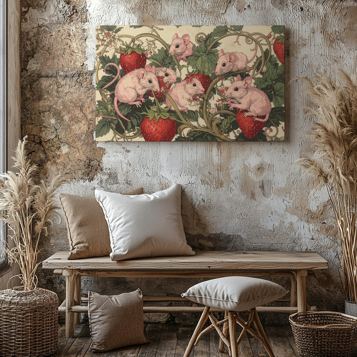 Vintage Strawberry Mice Canvas – Whimsical Botanical Folklore Print - Gifitto