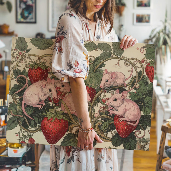 Vintage Strawberry Mice Canvas – Whimsical Botanical Folklore Print - Gifitto