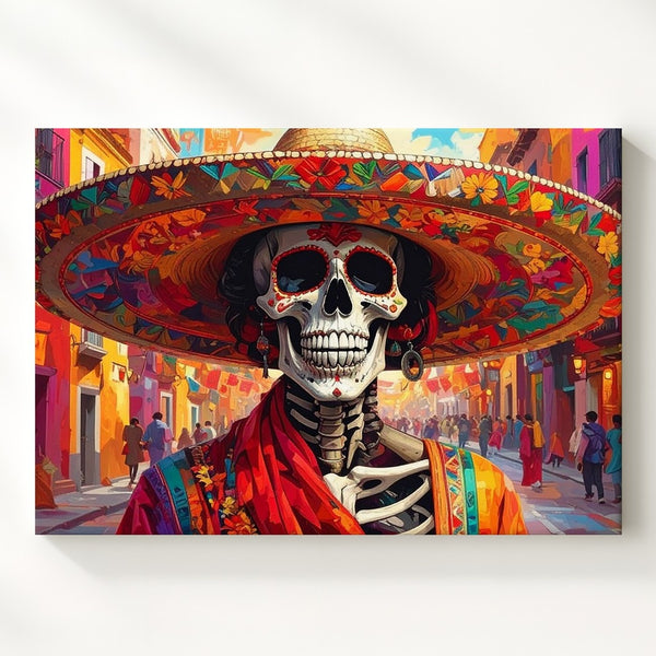 Day of the Dead Fiesta Canvas – Colorful Skeleton with Sombrero Wall Art - Gifitto