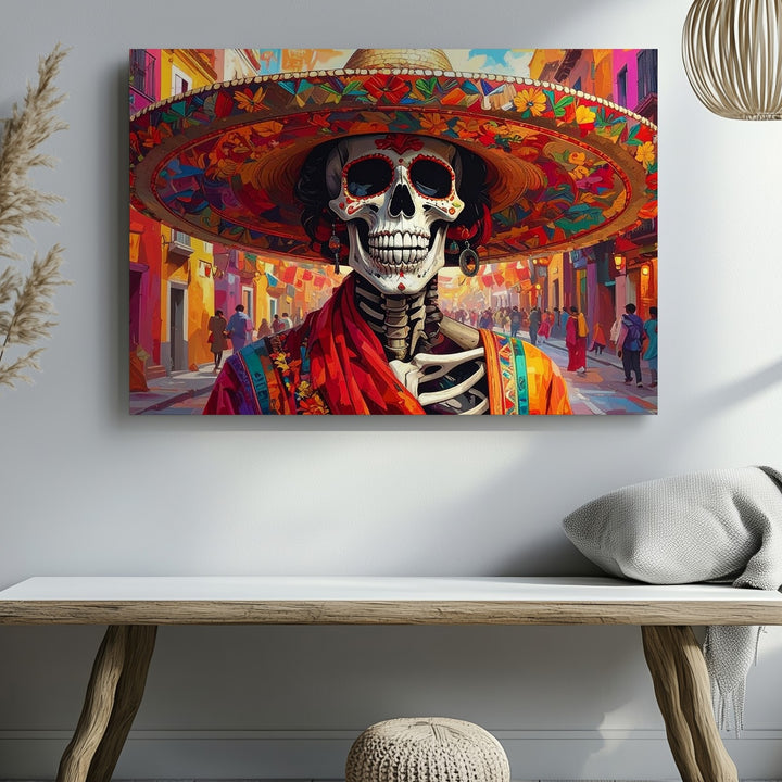 Day of the Dead Fiesta Canvas – Colorful Skeleton with Sombrero Wall Art - Gifitto