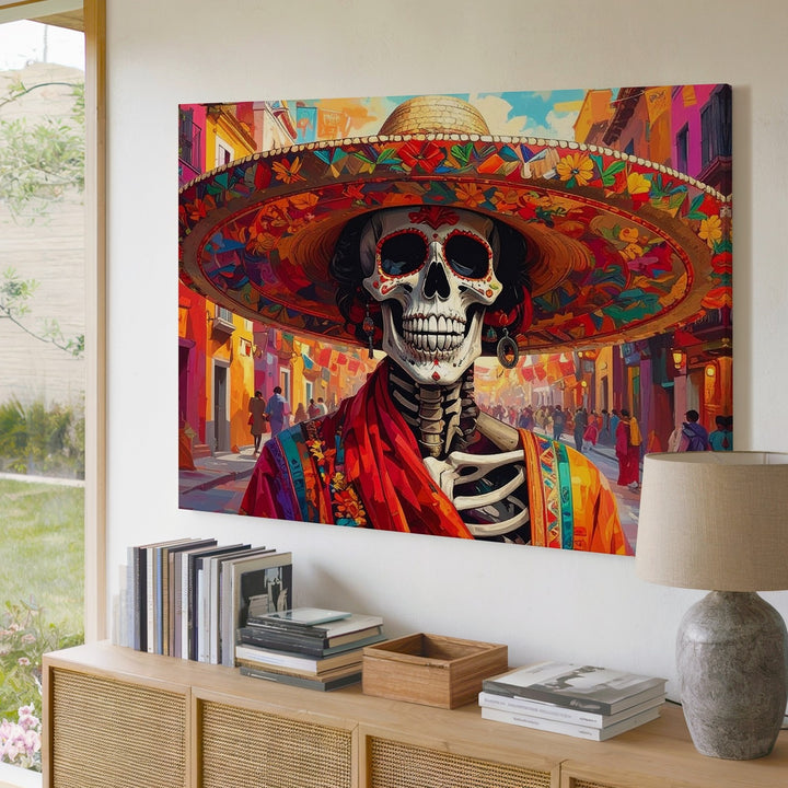 Day of the Dead Fiesta Canvas – Colorful Skeleton with Sombrero Wall Art - Gifitto