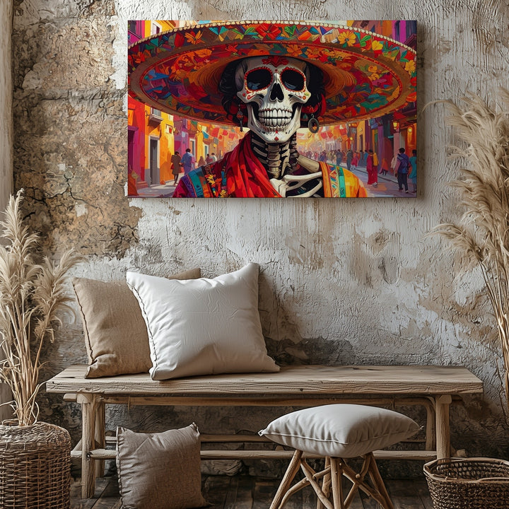 Day of the Dead Fiesta Canvas – Colorful Skeleton with Sombrero Wall Art - Gifitto