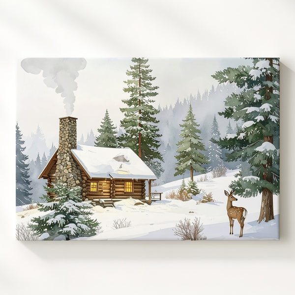 Deer & Cabin Winter Canvas – Cozy Woodland Retreat in Snowy Pines - Gifitto