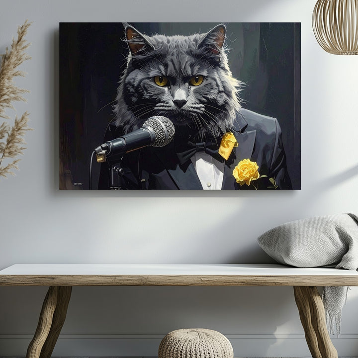 Jazz Singer Maine Coon Cat Canvas – Tuxedo Feline Performer Wall Art - Gifitto