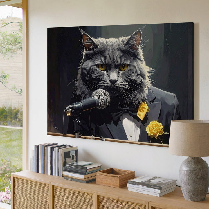 Jazz Singer Maine Coon Cat Canvas – Tuxedo Feline Performer Wall Art - Gifitto