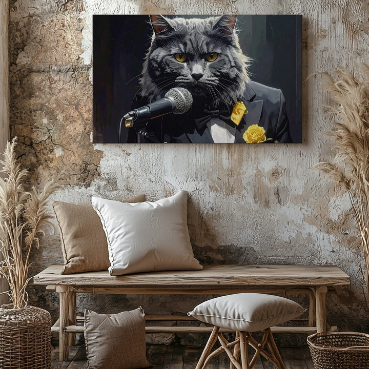 Jazz Singer Maine Coon Cat Canvas – Tuxedo Feline Performer Wall Art - Gifitto
