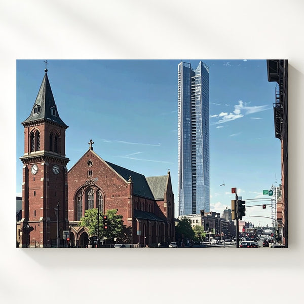 Heritage & Glass Canvas – Urban Contrast of Church and Skyscraper