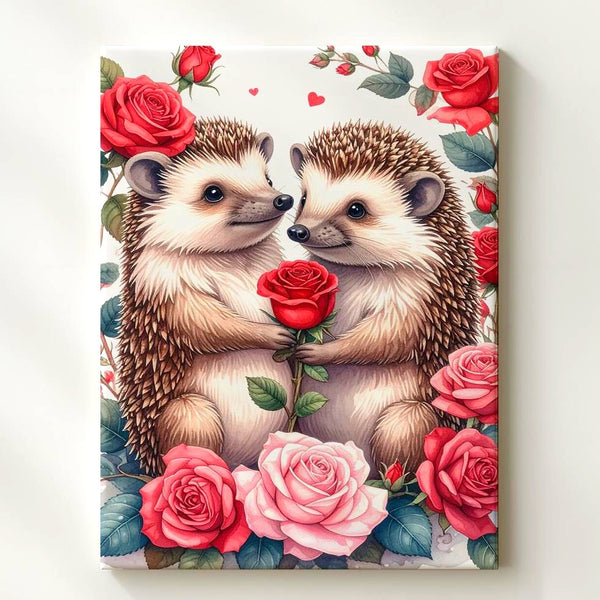 Hedgehog Love Canvas – Adorable Hedgehogs with Red Rose and Floral Frame - Gifitto