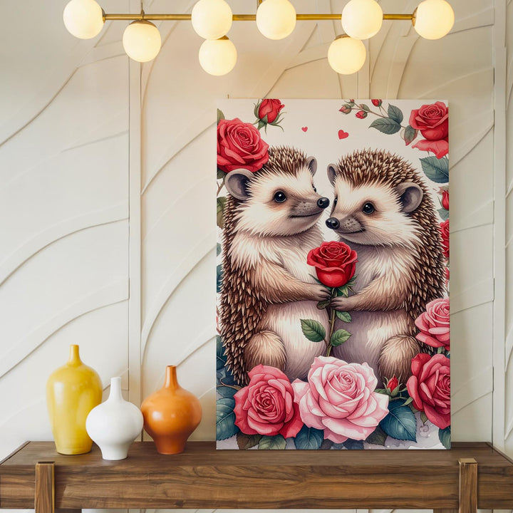 Hedgehog Love Canvas – Adorable Hedgehogs with Red Rose and Floral Frame - Gifitto