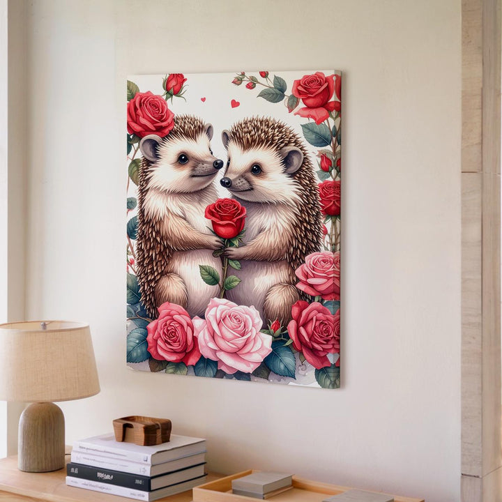 Hedgehog Love Canvas – Adorable Hedgehogs with Red Rose and Floral Frame - Gifitto