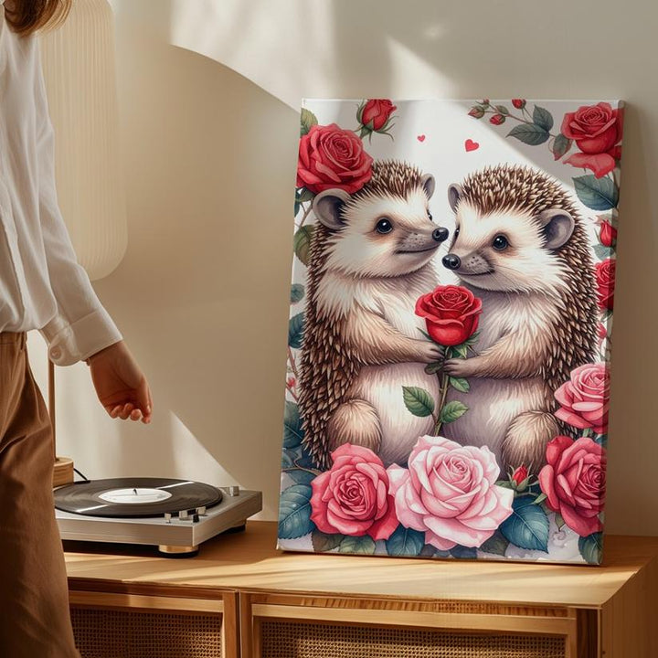 Hedgehog Love Canvas – Adorable Hedgehogs with Red Rose and Floral Frame - Gifitto