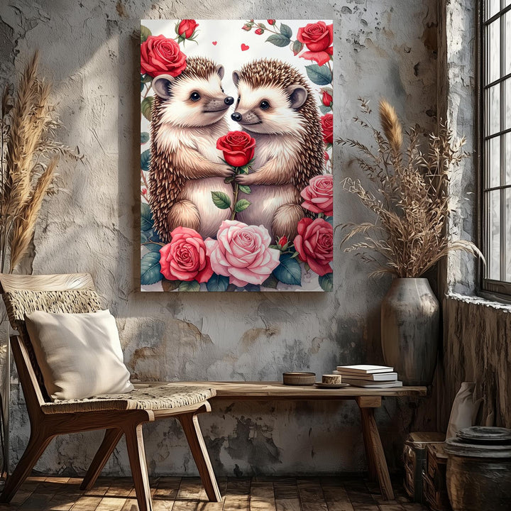 Hedgehog Love Canvas – Adorable Hedgehogs with Red Rose and Floral Frame - Gifitto