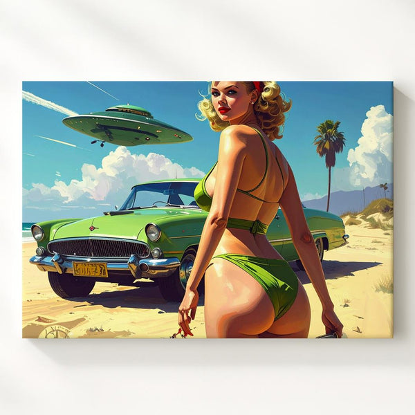 Retro UFO Beach Canvas – Vintage Glamour, Flying Saucer & Classic Car Art - Gifitto