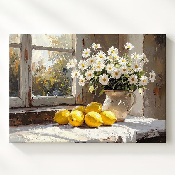 Sunlit Windowsill Canvas – Impressionist Lemons & Daisies Still Life Art - Gifitto