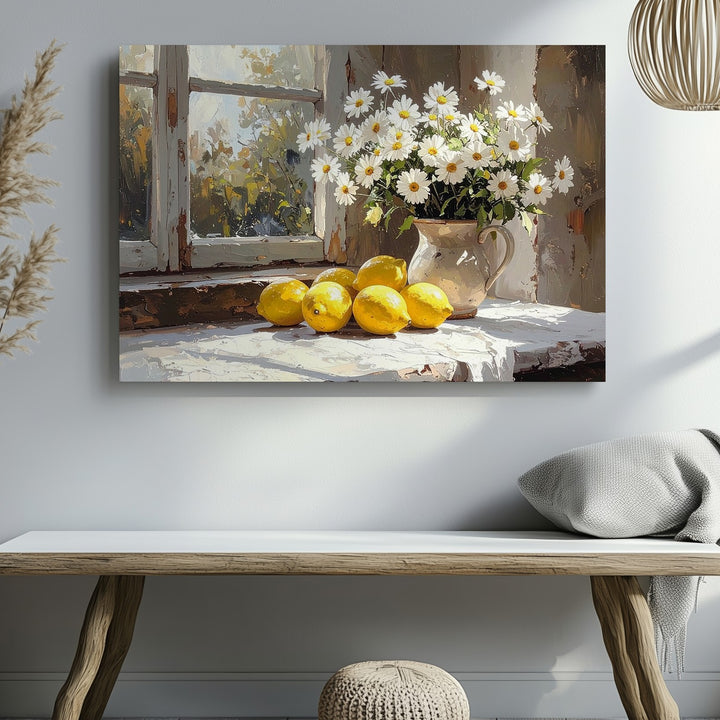Sunlit Windowsill Canvas – Impressionist Lemons & Daisies Still Life Art - Gifitto