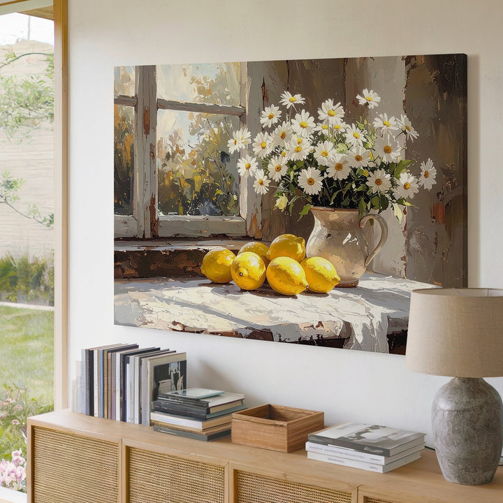 Sunlit Windowsill Canvas – Impressionist Lemons & Daisies Still Life Art - Gifitto
