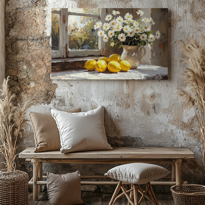 Sunlit Windowsill Canvas – Impressionist Lemons & Daisies Still Life Art - Gifitto