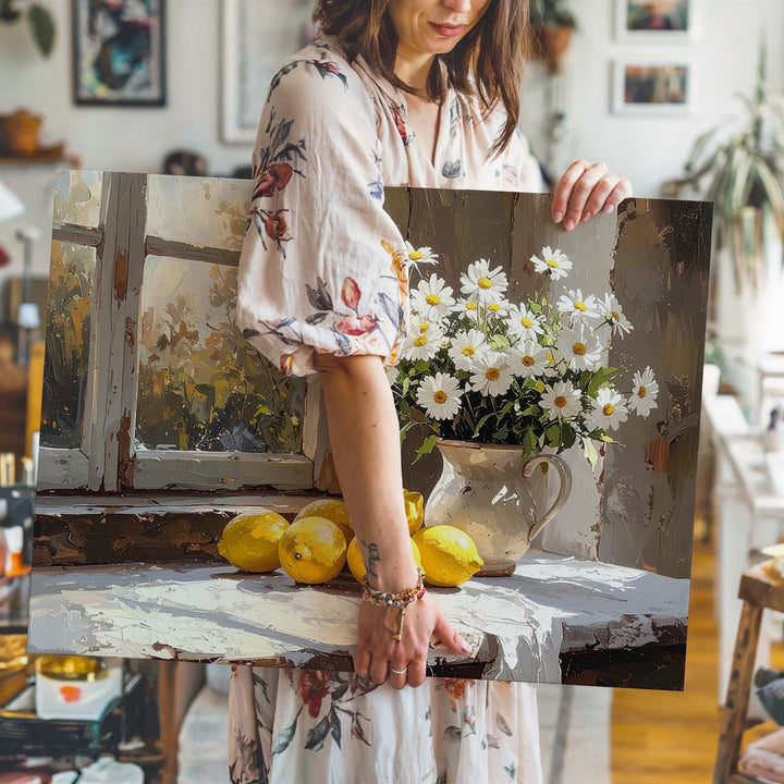Sunlit Windowsill Canvas – Impressionist Lemons & Daisies Still Life Art - Gifitto