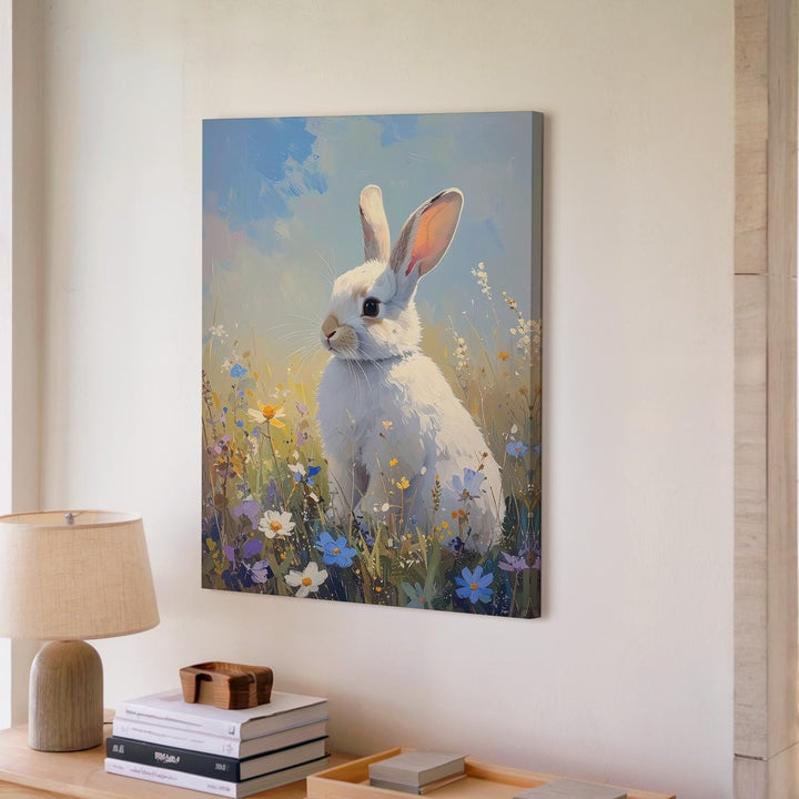 Pastel Rabbit in Meadow Canvas – Serene Springtime Wall Art - Gifitto