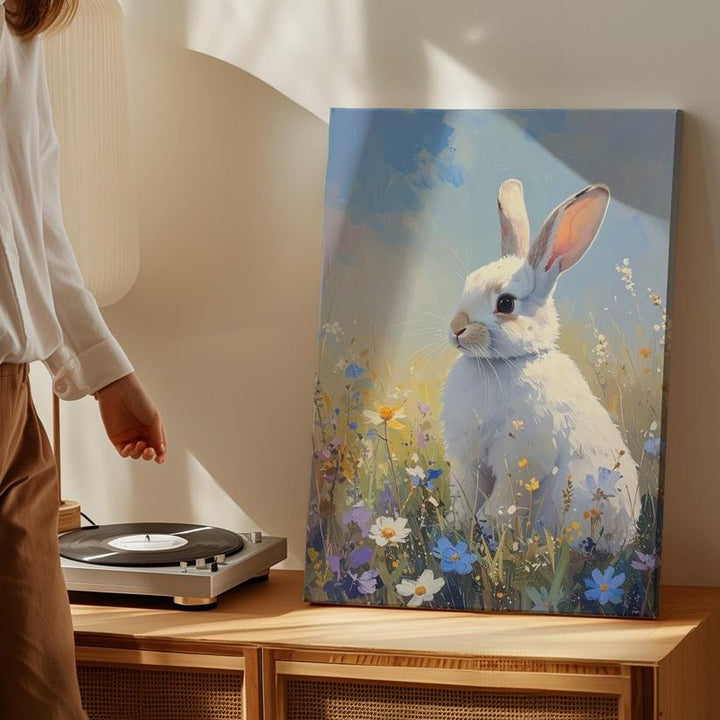 Pastel Rabbit in Meadow Canvas – Serene Springtime Wall Art - Gifitto