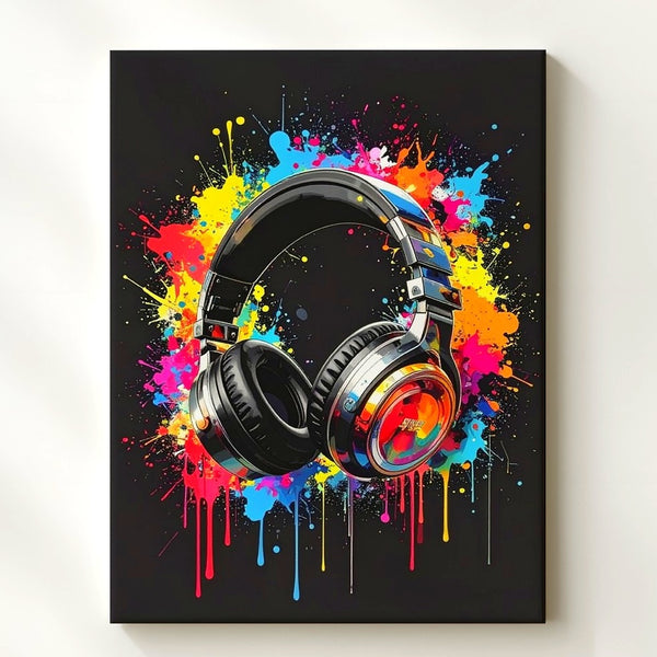 Graffiti Sound Canvas – Black Headphones with Neon Paint Splatter Art - Gifitto