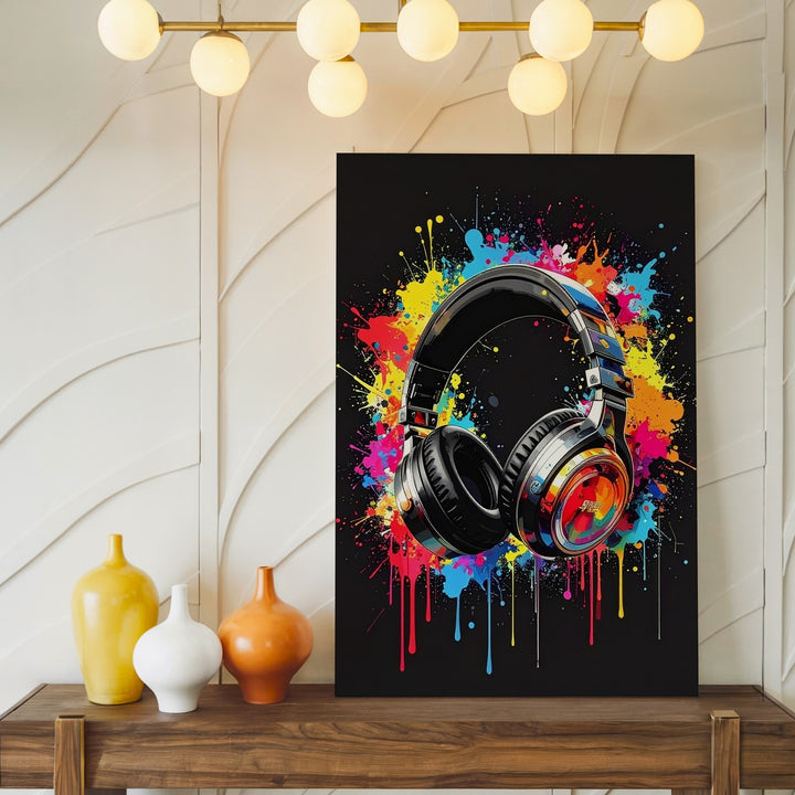 Graffiti Sound Canvas – Black Headphones with Neon Paint Splatter Art - Gifitto