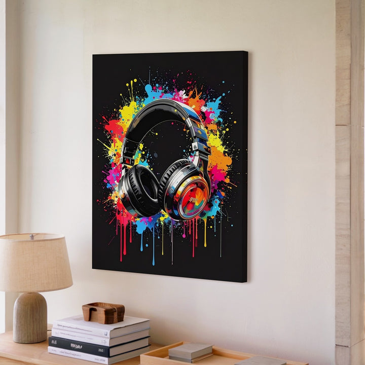 Graffiti Sound Canvas – Black Headphones with Neon Paint Splatter Art - Gifitto