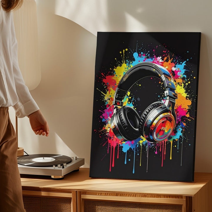 Graffiti Sound Canvas – Black Headphones with Neon Paint Splatter Art - Gifitto