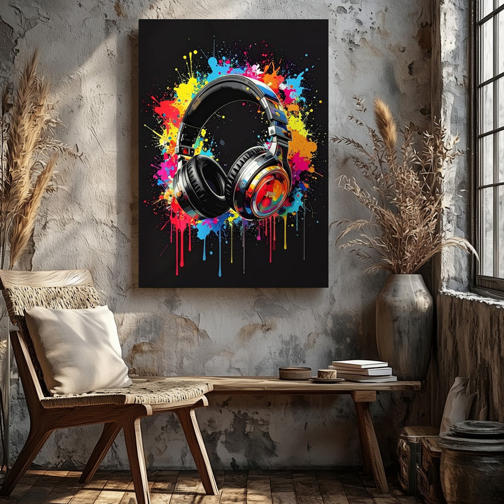 Graffiti Sound Canvas – Black Headphones with Neon Paint Splatter Art - Gifitto