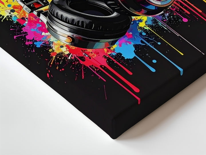 Graffiti Sound Canvas – Black Headphones with Neon Paint Splatter Art - Gifitto