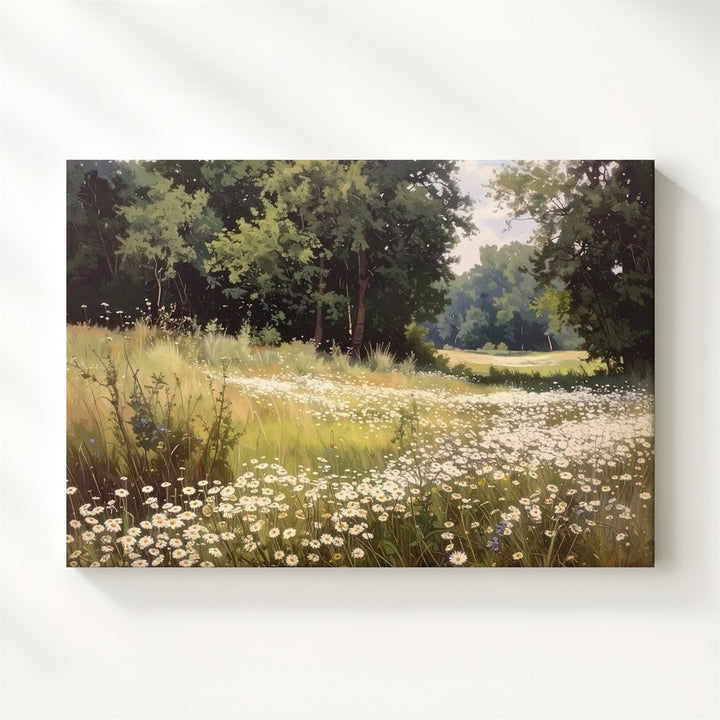 Daisy Meadow Canvas – Dreamlike Summer Field Under Forest Edge - Gifitto