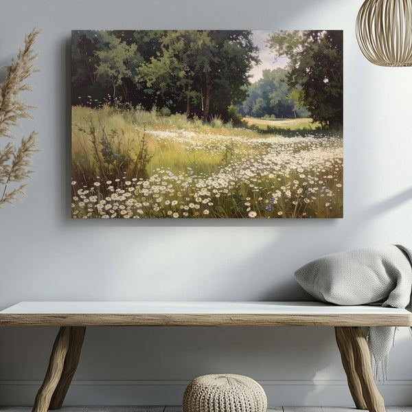 Daisy Meadow Canvas – Dreamlike Summer Field Under Forest Edge - Gifitto
