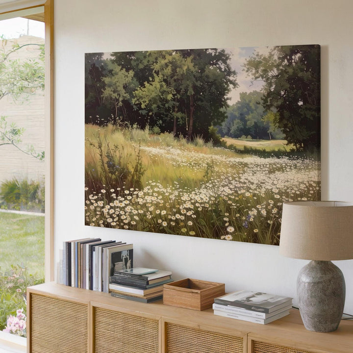 Daisy Meadow Canvas – Dreamlike Summer Field Under Forest Edge - Gifitto
