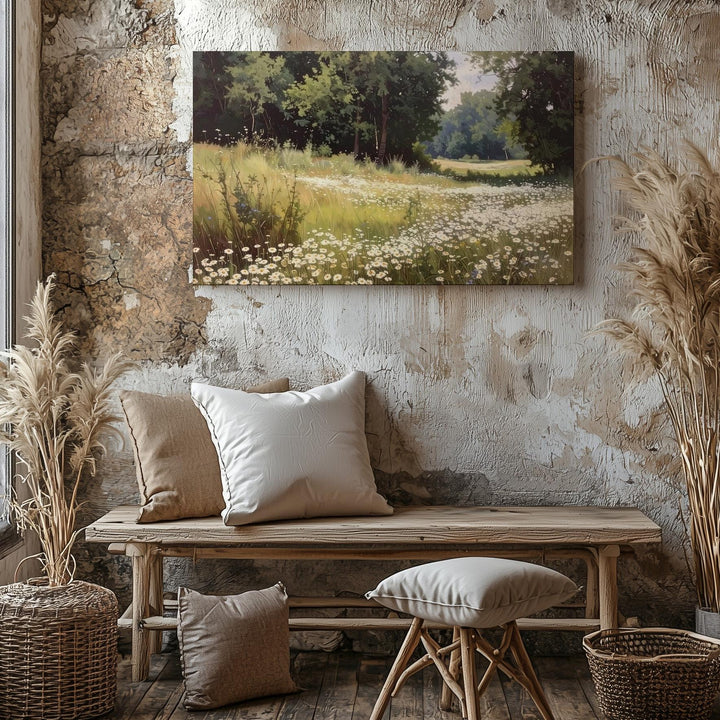 Daisy Meadow Canvas – Dreamlike Summer Field Under Forest Edge - Gifitto