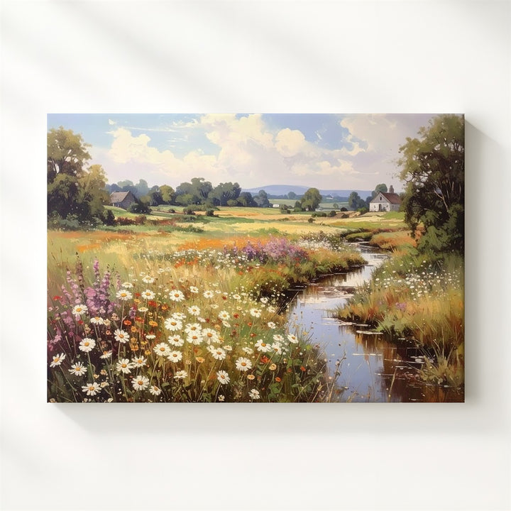 Impressionist Countryside Canvas – Wildflower Stream & Thatched Cottage Art - Gifitto