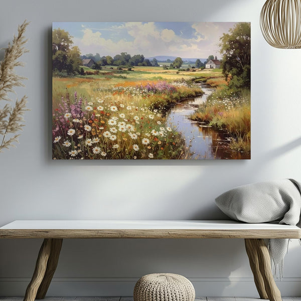 Impressionist Countryside Canvas – Wildflower Stream & Thatched Cottage Art - Gifitto