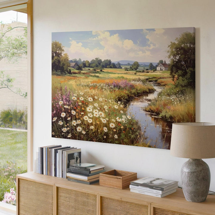 Impressionist Countryside Canvas – Wildflower Stream & Thatched Cottage Art - Gifitto