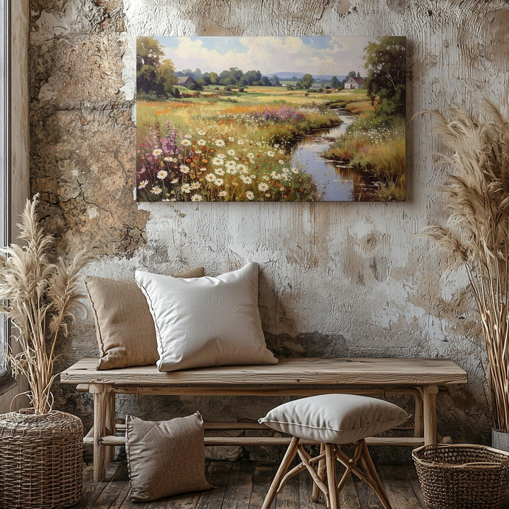 Impressionist Countryside Canvas – Wildflower Stream & Thatched Cottage Art - Gifitto